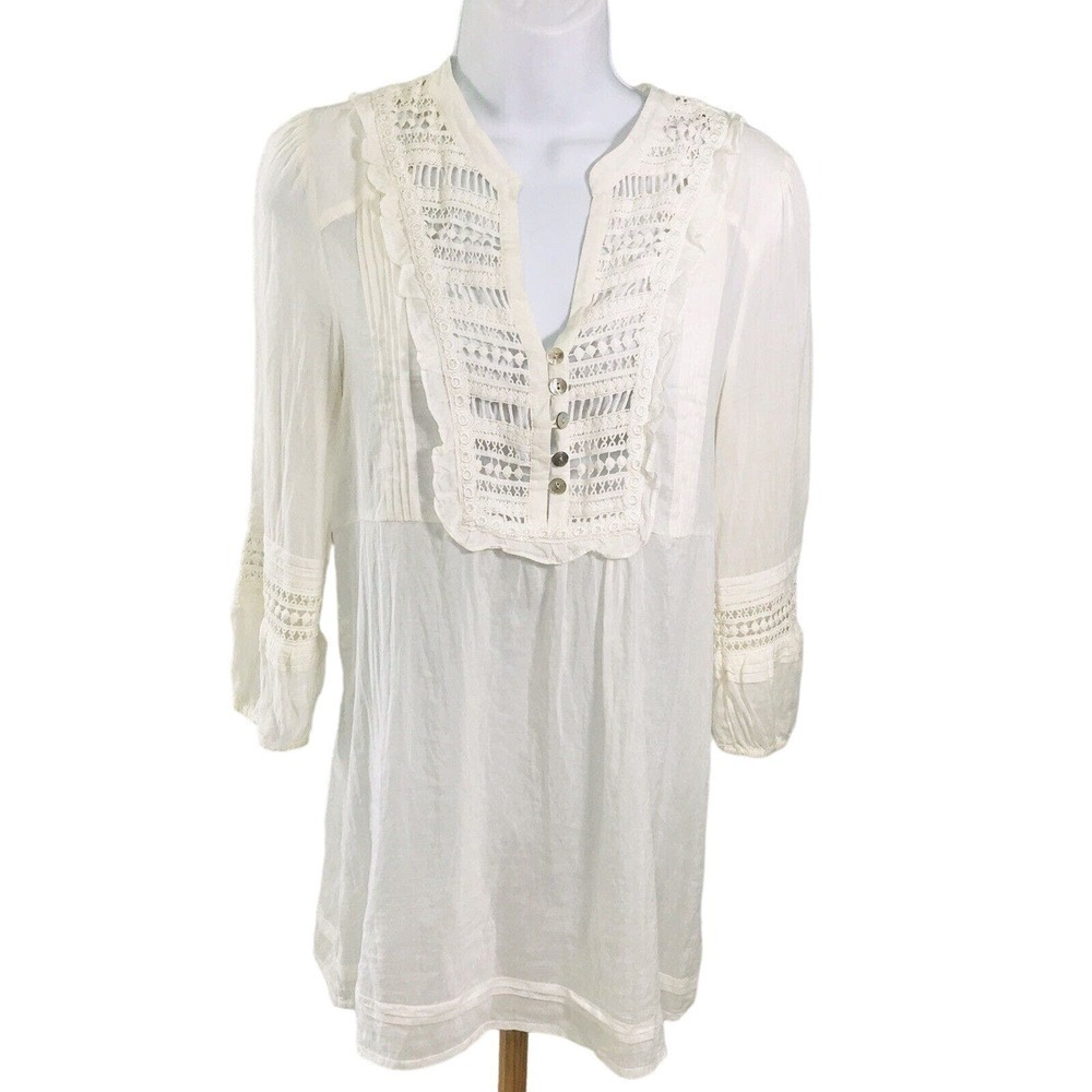 Trinity Women's Small Ivory Boho Peasant Tunic Top Silk Blend Embroidered Insert